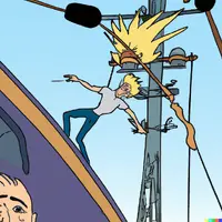DALL·E 2023-10-22 18.25.55 - Draw a blonde young man getting electrocuted  from a high voltag...webp