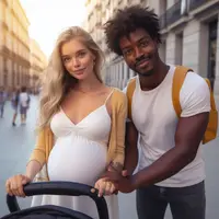 Mujer Rubia Embarazada Con Hombre Africano En Madrid Con Carrito De Bebé [001].jpg