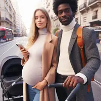 Mujer Rubia Embarazada Con Hombre Africano En Madrid Con Carrito De Bebé [002].jpg