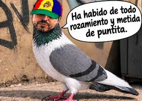Paloma urbana con actitud y burbuja cómica.webp